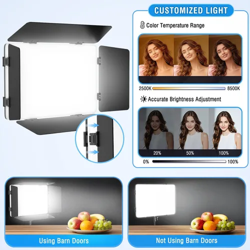 Vista 3 de Paquete de 2 Luces de Video LED con Barndoor, Panel de Luces de Estudio LED Bicolor de 20W, Kit de Iluminación Fotográfica Regulable 2500K-8500K