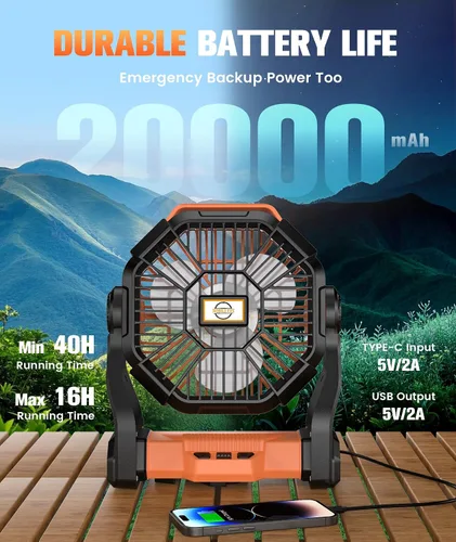 Vista 2 de Ventilador de camping recargable portátil - Ventiladores de batería con luz LED, silencioso de 20000 mAh, ventiladores de escritorio de 4
