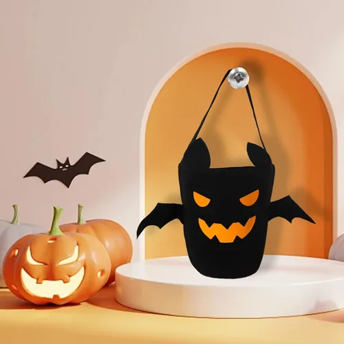 Vista 6 de Cubo de Halloween para truco o trato para niños, cesta espeluznante de murciélagos y caramelos, multiusos, portátil, reutilizable, cubo de golosinas