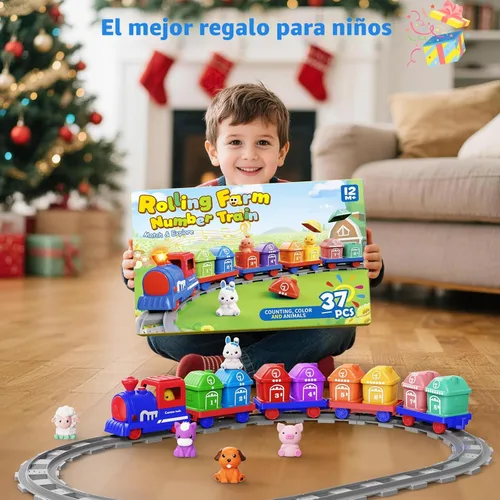 Vista 7 de Juguetes de aprendizaje para niños de 1, 2, 3 años, juego de tren de granja eléctrico para niñas de 2 a 4 años, juguete de tren Montessori