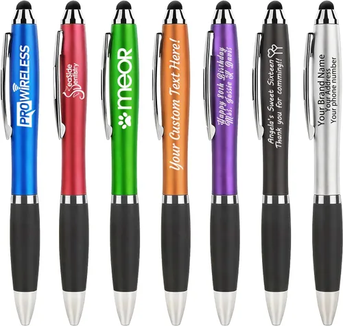Vista 10 de 100 bolígrafos con logotipo personalizado con punta de lápiz capacitivo, bolígrafos de acción de clic Negro