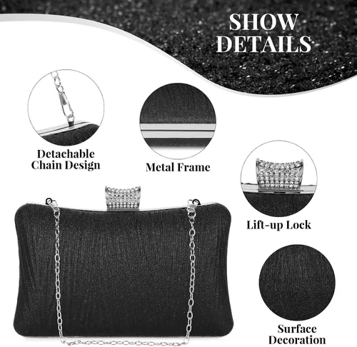 Vista 3 de UBORSE Bolso de mano con purpurina para mujer, bolsa de noche brillante con cadena desmontable, bolso de mano formal para fiesta, cóctel, baile