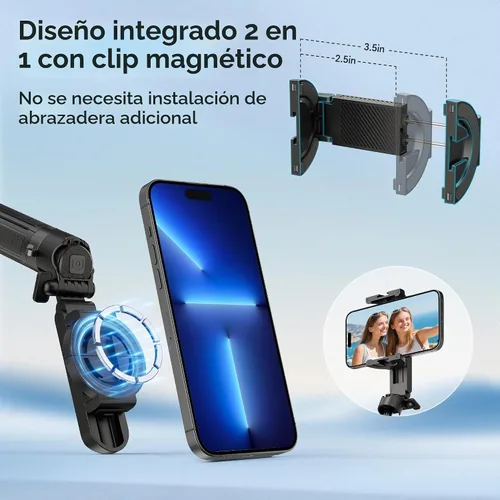 Vista 2 de Mini Palo Magnético para Selfie para iPhone, Trípode Portátil 4 en 1 de Tamaño de Bolsillo para iPhone MagSafe/Android con Control Remoto/Soportes