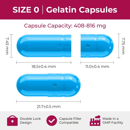 Vista 2 de Blue Size 0 Cápsulas vacías de gelatina (100 unidades) – Cápsulas de gel de relleno de bricolaje con 2 cucharas de relleno para cápsula (azul)
