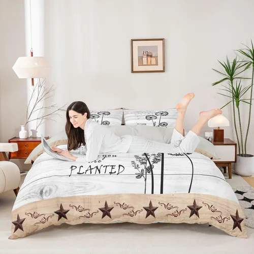 Vista 5 de Juego de funda de edredón de diente de león, estrella de Texas occidental, para niños y niñas, funda de edredón de tablones de madera gris y blanco