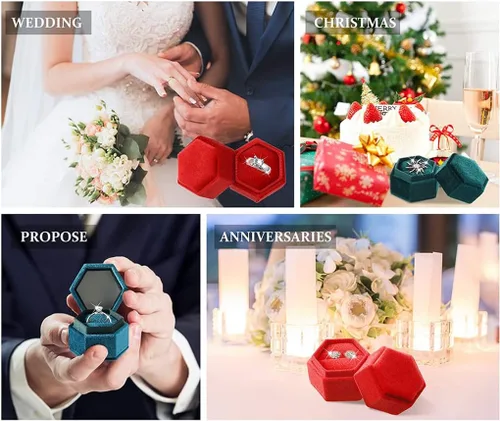 Vista 7 de Caja hexagonal de terciopelo para anillos con doble anillo, elegante caja de almacenamiento de joyas para propuestas, compromiso, aniversario, Blanco