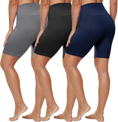 Vista 36 de HLTPRO 3 Pack Plus Size Biker Shorts for Women, Pocket & No-Pocket Options Negro/Beige Rosa/ Gris