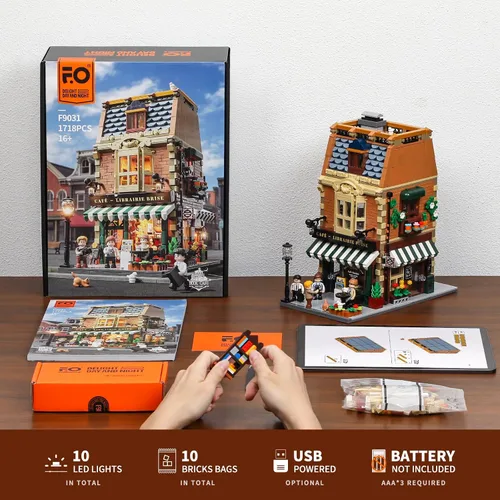 Vista 6 de Funwhole Set de Construcción de Café-Librería con Luces LED - Conjunto de Ladrillos de Construcción Modular de Modelo de Casa de Café de Ciudad