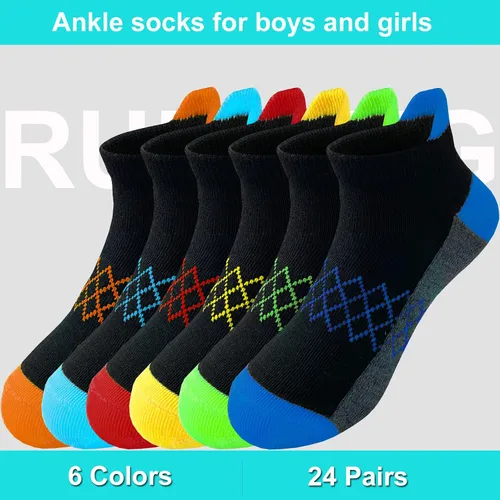 Vista 3 de Calcetines para niños, 24 pares, media acolchada, corte bajo, calcetines deportivos para tobillo para niños pequeños y grandes, edad 3-14
