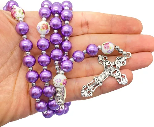 Vista 2 de Nazareth Store Rosario de cuentas de perlas moradas, collar de metal, medalla milagrosa y rosario de cruz para hombres y mujeres para hombres