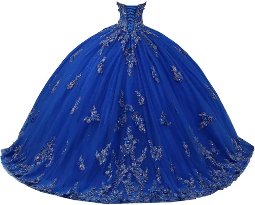 Vista 2 de Vestidos largos de quinceañera para mujer, corsé sin tirantes con apliques florales, vestido de tul con cuentas, Metálico