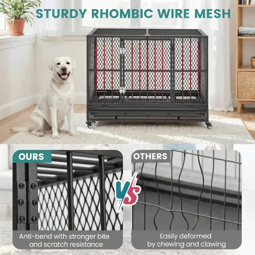 Vista 5 de Erinnyees Jaula para perros resistente de 37 pulgadas, perrera plegable para perros medianos y pequeños, jaula de metal con ruedas con bloqueo