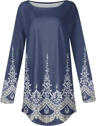 Vista 3 de Blusa de manga larga para mujer, con estampado gráfico, sin botones, plisada, estilo bohemio, con estampado gráfico