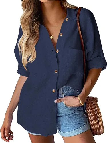 Vista 19 de HOTOUCH Camisa de manga larga con botones de lino para mujer, blusa de algodón casual, holgada, con cuello, para trabajo, de gasa, con bolsillo