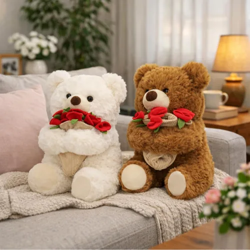 Vista 9 de Ramo de peluche de oso de peluche, ramo de peluche de rosas, sombrero de flores romántico, peluche de oso, perfecto como cumpleaños y vacaciones