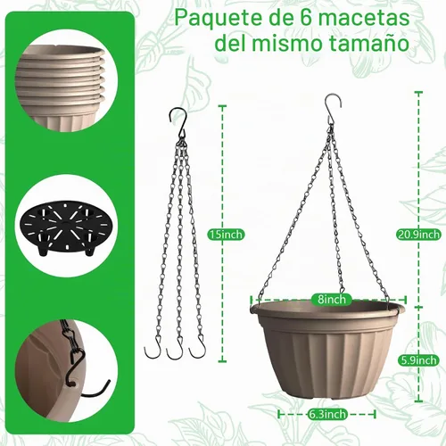 Vista 4 de FGstyle Paquete de 6 macetas colgantes de 8 pulgadas, macetas de riego automático para plantas de interior, cesta colgante de plástico con elevador