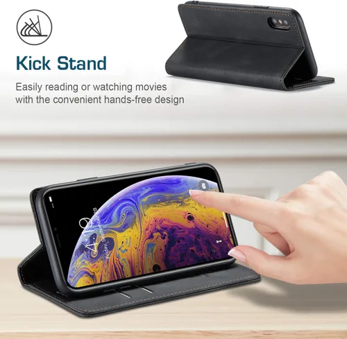 Vista 6 de japezop Funda tipo cartera compatible con iPhone Xs/iPhone X con tarjetero y bloqueo RFID, funda de cuero suave con soporte magnético y funda Negro