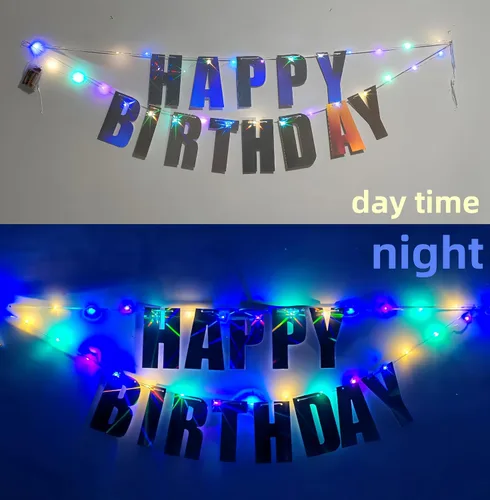 Vista 3 de Cartel de cumpleaños LED impermeable de 13 pies, letras iridiscentes premontadas con 2 cuerdas para colgar, funciona con pilas, no necesita