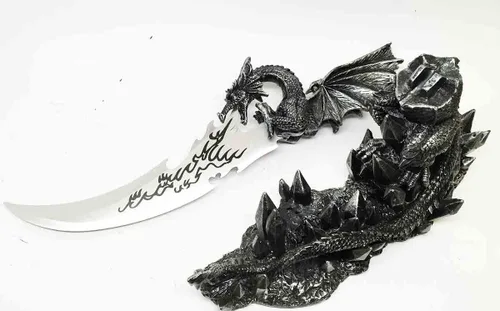 Vista 6 de Ebros Medieval Dreamwork Fantasía Dragón Fuego Aliento Daga Abrecartas Cuchillo con soporte de base, estatua de decoración de oficina en casa Figura