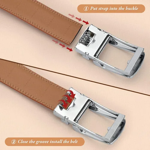Vista 9 de Cinturón de vestir cafénegro para hombre, con trinquete y hebilla automática, con ajuste de 35mm de ancho