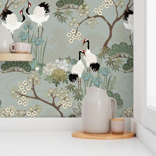 Vista 8 de Spoonflower Crane Chinoiserie - Papel tapiz extraíble para despegar y pegar Rollo de 24 x 72 pulgadas Jardines florales de pájaros y flores
