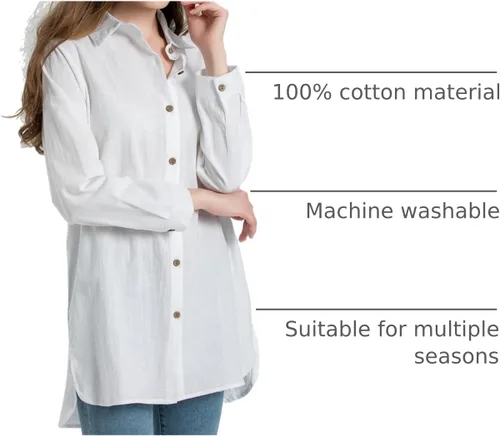 Vista 3 de Minibee Camisas de algodón para mujer, túnica alta y baja, blusa con botones
