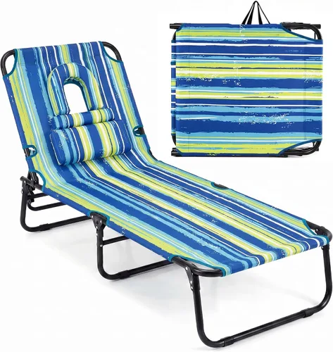 Vista 16 de Goplus Silla bronceadora, silla de playa plegable con orificio para la cara, almohada extraíble, capacidad de 350 libras, correa de transporte