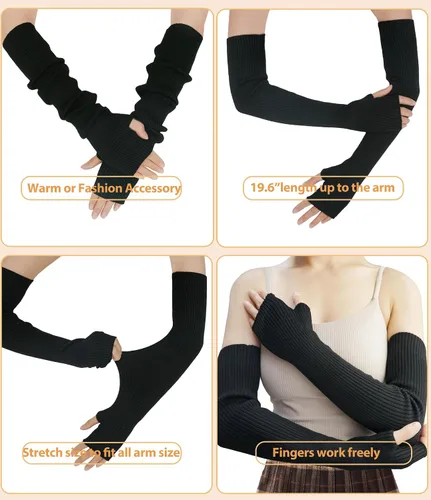 Vista 2 de Guantes cálidos de cachemira de brazo largo para mujer, guantes de invierno acogedores sin dedos, calentadores de brazos suaves, gran regalo