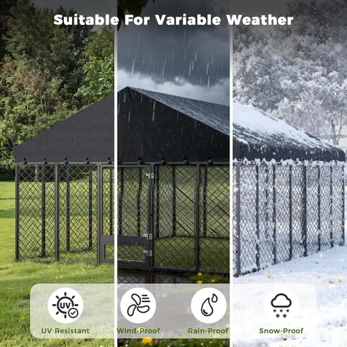 Vista 4 de Perrera resistente para perros de 10 x 14 x 6.4 pies, con doble cerraduras seguras y cubierta de techo impermeable y resistente a los rayos UV