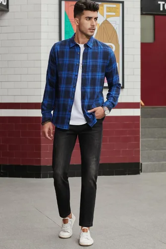 Vista 8 de JMIERR - Camisas de manga larga con botones para hombre, camisa informal de franela de algodón