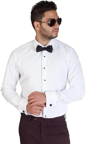 Vista 4 de AZAR HOMBRE Slim Fit Lay Down camisa de vestido de esmoquin con puño francés blanco