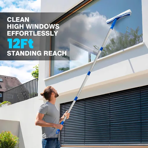 Vista 2 de ARTIPOLY Escobilla para limpieza de ventanas, escobilla extra grande de 14 pulgadas y combo de limpiador de microfibra con poste de acero inoxidable