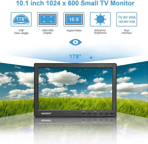 Vista 3 de Haiway Monitor de seguridad de 10.1 pulgadas, resolución de 1024 x 600, pequeño monitor HDMI, monitores de computadora pequeños con control remoto