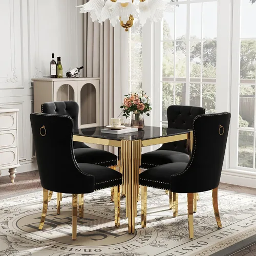 Vista 3 de Juego de mesa de comedor de cristal de 5 piezas para 4, mesa de cocina cuadrada de 37 pulgadas con 4 sillas tapizadas de terciopelo negro, mesa