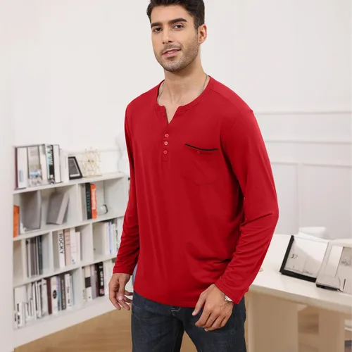 Vista 3 de Lexiart Camisas Henley de manga larga para hombre, ajustadas, básicas, sin botones, con solapa de botón y bolsillo, camisas lisas con cuello en V