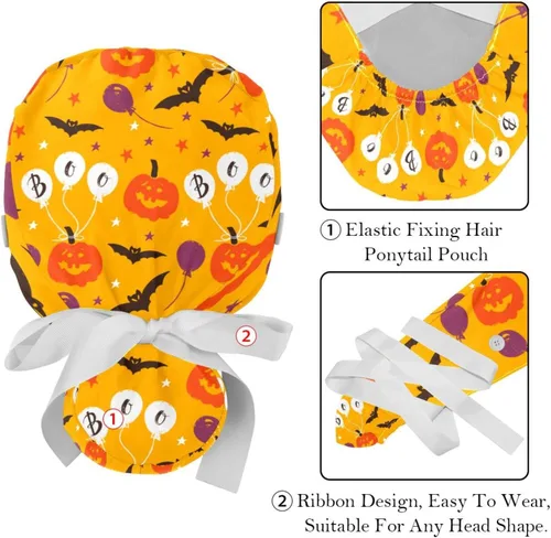 Vista 4 de Paquete de 2 gorras quirúrgicas para mujer con botones, ajustables y elásticos con lazo en la espalda, gorro quirúrgico de muñeco de nieve de Navidad