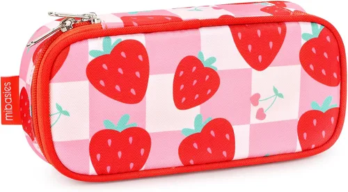 Vista 15 de Lapicera para niñas, estuche con divisiones múltiples para lápices, diseño de fresas color rojo