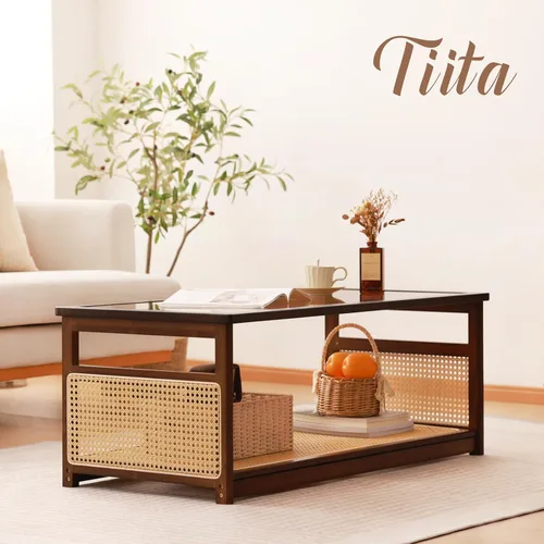 Vista 7 de Mesa de centro de bambú, parte superior de cristal, almacenamiento de ratán, almacenamiento de 2 niveles, color marrón Rectangular Center Table
