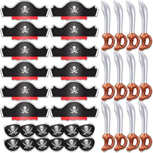 Vista 8 de Legigo Juego de 18 piezas divertidas de fiesta pirata, incluye 6 sombreros de pirata, 6 parches para ojos, 6 espadas inflables para fiesta pirata