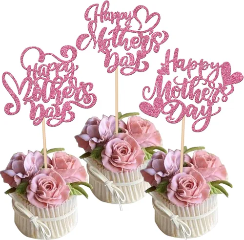 Vista 11 de Rsstarxi 1 paquete de decoración para pastel con flores de purpurina con doble corazón Love Mom Best Mom Best Mom Cake Pick Decoraciones para feliz
