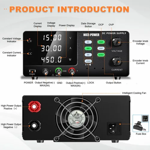 Vista 2 de NICE-POWER Fuente de alimentación de CC variable, 15V 30A 450W de conmutación de alta potencia Fuente de alimentación de banco regulada de CC