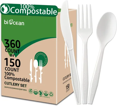 Vista 9 de 100% Compostable Sin Plástico Cuchillos, Tenedores, Cucharas, Utensilios, Los Cubiertos Pesados de Servicio Pesado son Productos Ecológicos