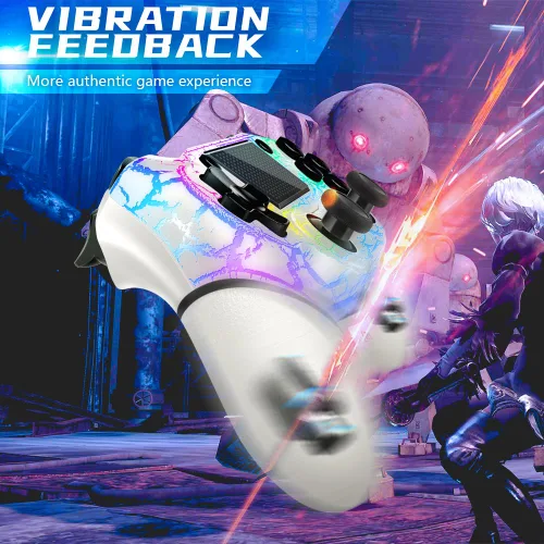 Vista 3 de AceGamer Wireless Controller for PS4, White Crack Custom Design with RGB Light,1000mAh Battery and 3.5mm Audio Jack, V2 Gamepad Joystick Compatible