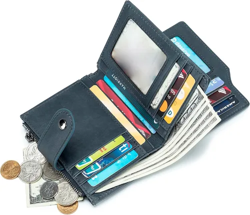 Vista 77 de LUKZIJAES Billetera de cuero genuino para hombre, con bloqueo RFID, delgada, plegable, bolsillo frontal, #3-Café, Vintage