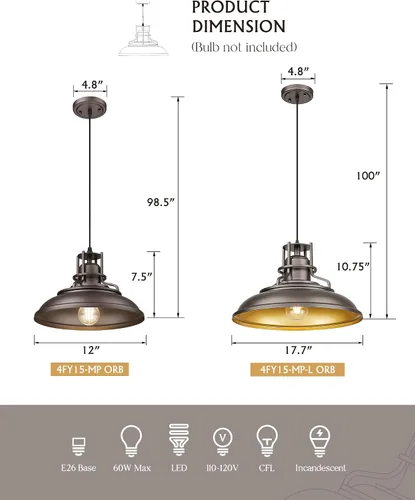 Vista 2 de FEMILA Lámpara Colgante de Granja, Lámpara Colgante Vintage de Granero de 12" para Isla de Cocina, Altura Ajustable, Acabado en Bronce Frotado