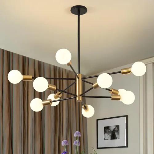 Vista 14 de KAISITE - Candelabro Moderno Sputnik - Candelabro de 6 Luces con Ajuste de Altura, Acabado en Negro y Oro para Cocina, Dormitorio y Vestíbulo