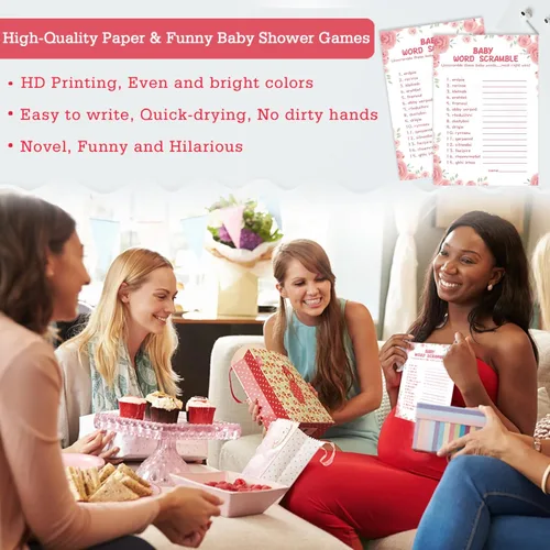 Vista 4 de OLOUTAB 50 Juegos de Baby Shower para Niña - Juego de Palabras con Tema Floral, Cartulina Gruesa, Divertido y Fácil de Jugar (Con Respuesta)