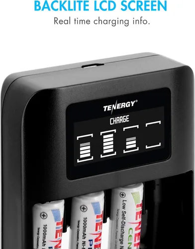 Vista 2 de Tenergy TN474U Cargador de batería NiMH/NiCD de 4 bahías con pantalla LCD y entrada USB, cargador portátil para baterías AA/AAA NiMH y NiCD