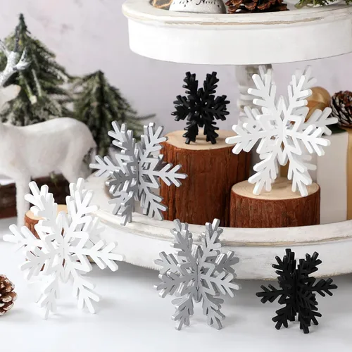 Vista 14 de Bucherry 12 piezas de decoración de mesa de copo de nieve de madera 3D con copos de nieve y centro de mesa para fiesta de congelados, Navidad