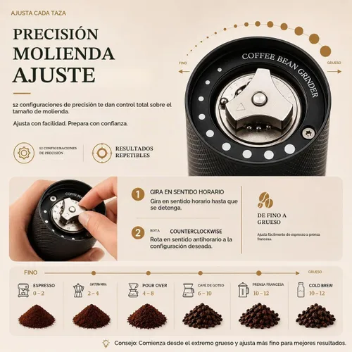 Vista 5 de Molinillo de café manual con rebaba cónica de acero inoxidable CNC, cuerpo de aluminio, mango de madera maciza, molinillo de mano ajustable portátil